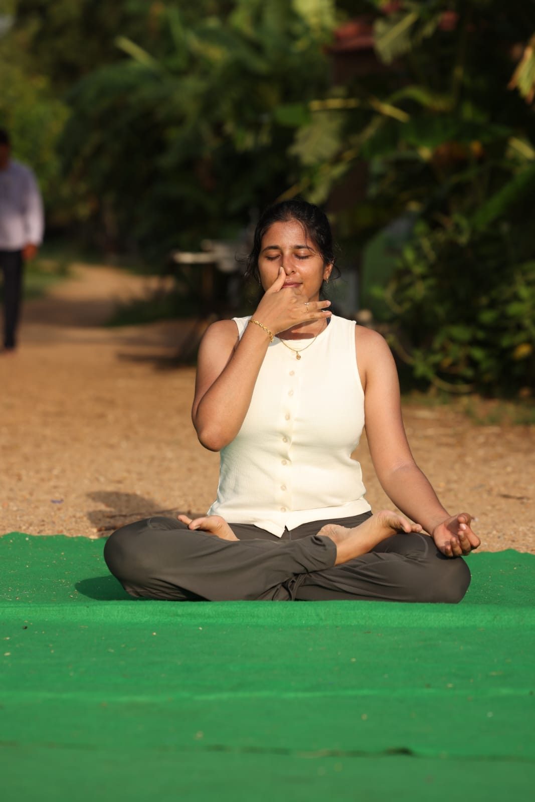 Chitrika practising alternate-nostril breathing